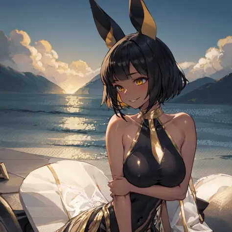 masterpiece, best quality,1girl, mature female,dark skin, animal ears,light smile, upshorts,ocean bottom,beautiful detailed sky, dress removed, impossible bodysuit, 