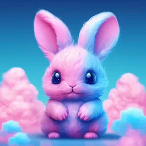 a stylized picture of a bunny made out of pink and blue cotton candy, digital art, 8k, concept art, fantasy, beautiful, whimsical, distorted, ugly, deformed, simultaneous, bad lighting, blurry, text, watermark, cluttered, cartoon, 3d, 
