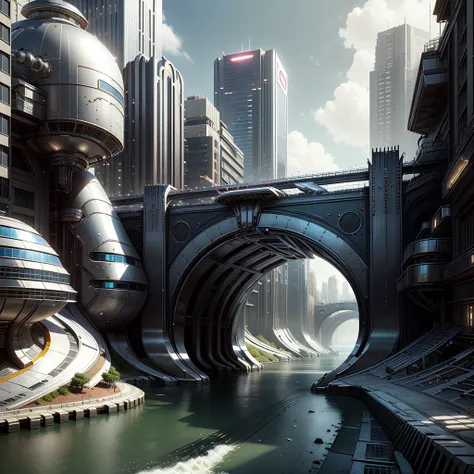 <lora:ChromeTech-21:0.8>,chrometech , scifi, metallic , chrome,
city, bridge, river