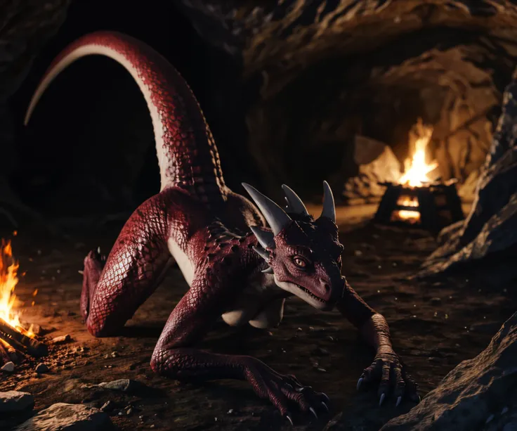 upper body shot, female, 19 years old, anthro, Kobold, scalie, deep_red scales, Goth, thick tail, all fours, hind legs, curvaceous, straightened hair, dyed black hair, (wide hips), aegyo sal, puffy eyes, inside a dark cave, campfire, claws, featureless bre...