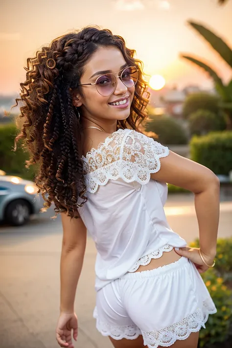 (dynamic pose:1.2),(dynamic camera),photo RAW,((close-up:1.3),a smiling European young_woman in Scalloped shorts and a tee,Mahogany Brown,Long Twist-Out Hairstyle,Flip-up Sunglasses,sunset,sunrays,look to camera,(bokeh:1.3)), masterpiece, award winning pho...