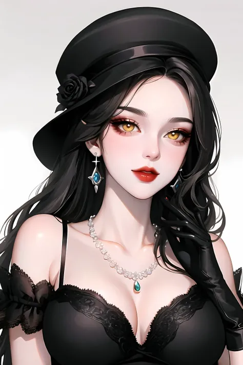 1girl, gloves, hat, jewelry, earrings, black hair, flower, rose, black flower, solo, lipstick, yellow eyes, red lips, dress, black gloves, pearl necklace, looking at viewer, makeup, necklace, black rose, black headwear,shiny,shiny skin,milf,(mature female:...