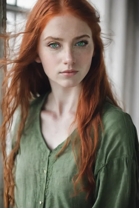 photo of 1girl, redhead, green blue eyes,  <lora:PerfectEyesXL:1.0> perfecteyes, woman