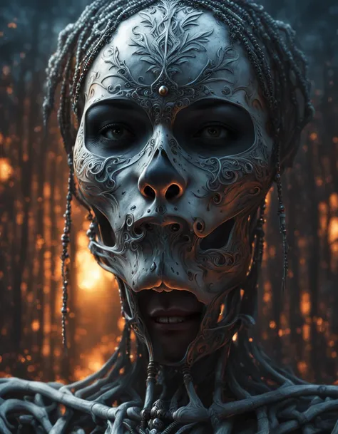 photo realistic, ultra details, natural light ultra detailed portrait of a female necromancer, skeleton face volumetric fog, Hyperrealism, breathtaking, ultra realistic, ultra detailed, cyber background, cinematic lighting, highly detailed, breathtaking, p...