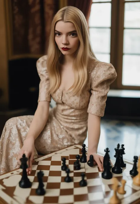 blond woman in a dress playing chess on a chess board