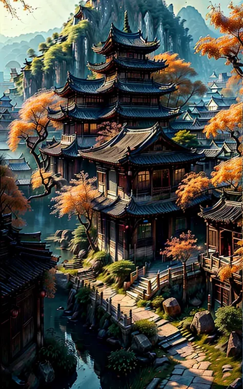 (best quality,ultra-detailed,8k uhd,ultra high res,cinematic scenes, masterpiece,dramatic lighting,extremely detailed CG unity wallpaper) ,an empty scene, a Jiangnan town in autumn,<lora:ChineseStyleAncientlandscape_v1_150:1>