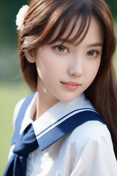 High detail RAW color sensual photo of 18 yeays old girl japan student uniform with perfect face and perfect bright eyes, pale skin and freckles,  perfect face,(symmetrical eyes)
(detailed facial features:2),
(((Japanese high-school uniform ))),
brown eyes...