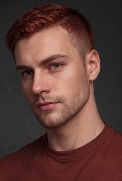 ((full-body shot)), ((hero shot)), a photo of a seductive man with loose styled (red slick undercut hair:1.1), (oiled shiny skin:0.6), bored, he is wearing an (old t-shirt:1.1) and cropped pants, highly detailed skin, skin blemish (textured skin, skin pore...