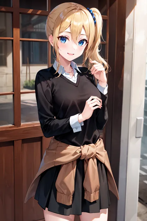 masterpiece, best quality, highres, aahayasaka, side ponytail, medium breasts, necklace, collared shirt, (black sweater:1.1), long sleeves, clothes around waist, black skirt, <lora:hayasaka_ai_v2:0.7>, smile, cowboy shot, standing, outdoors,