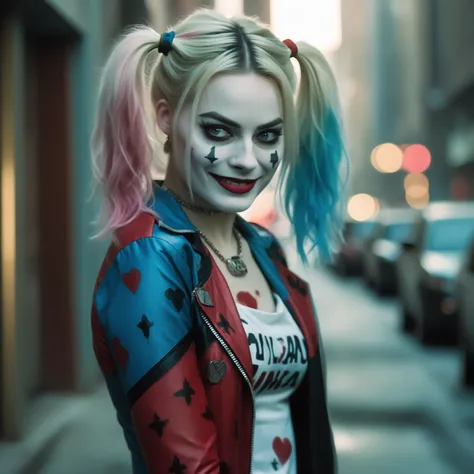 Portrait of (ohwx woman) <lora:margot_lora_sdxl_v1-000006:1> as harley quinn, in the movie Suicide Squad, dyed hair, highly detailed, cinematic look, city at night,