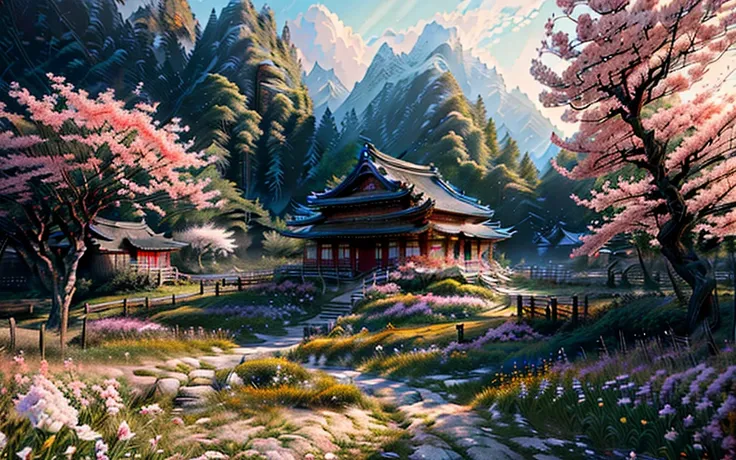 (best quality,ultra-detailed,realistic,RAW photo,8k uhd,ultra high res,photorealistic style,cinematic scenes, masterpiece,dramatic lighting,extremely detailed CG unity wallpaper) ,empty scene,a chinese temple surrounded by flowers in spring,<lora:ChineseSt...