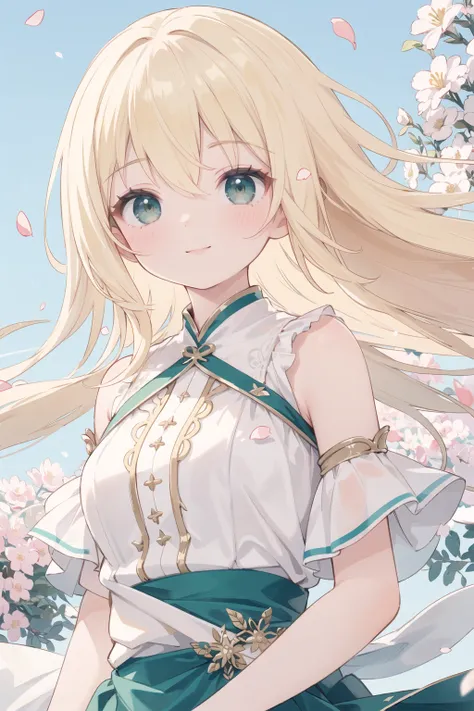 (masterpiece), (best quality), (ultra-detailed), (solo), 1girl, long blonde hair, dropping green eye, (extremely delicate and beautiful fabric), (beautiful detailed sky), beautiful details in the wind, flying splashes, flying petals, wind, smile