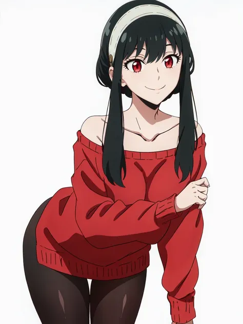 1girl, yor, solo, sidelocks, red eyes, short hair with long locks, cowboy shot, hairband, off-shoulder sweater, red sweater, black pantyhose, leaning forward, smile, closed mouth, <lora:yor-ALK:0.8>, simple background, thick thighs, collarbone