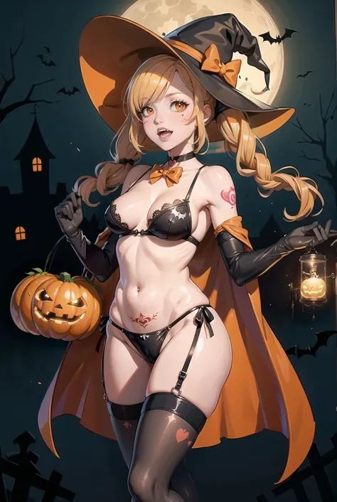 (masterpiece, top quality, best quality), (splash art), european, bat, candy, halloween, halloween_bucket, halloween_costume, happy_halloween, jack-o-lantern, pumpkin, pumpkin_hair_ornament, pumpkin_hat, tattoo, trick_or_treat, witch_hat, body_writing, pub...