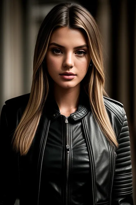 beautiful woman (alissav10l3t:.99), beautiful hair, ((closeup portrait:1.3)), ((face focus)), (((London))), natural skin texture, ((leather jacket, long sleeve top, and straight-leg pants :1.2)), 24mm, 4k textures, soft cinematic light, adobe lightroom, ph...