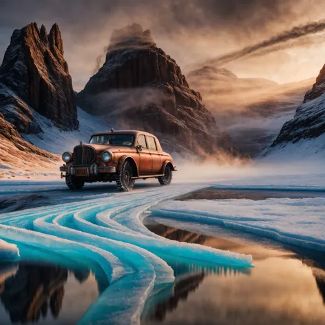 RAW photo, (epic ice landscape), masterpiece, ((dieselpunk)), smoke, best quality, dynamic pos, ultra detailed, reflective puddles, metal plates, rust, full body, fluid movement, light trail, dramatic lighting, red tone,  short_hair, Photorealistic, Hyperr...