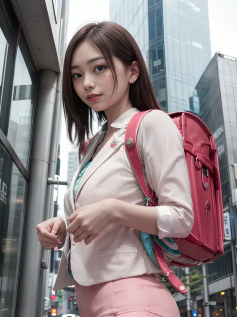 RAW photo, 
a woman with light smile is wearing randoseru backpack and business suits jacket and business skirt in street of Marunouchi Tokyo with lots of commercial buildings, view from below, (skin pore, skin spot:1.3) 
<lora:randoseru_v1.2:1>