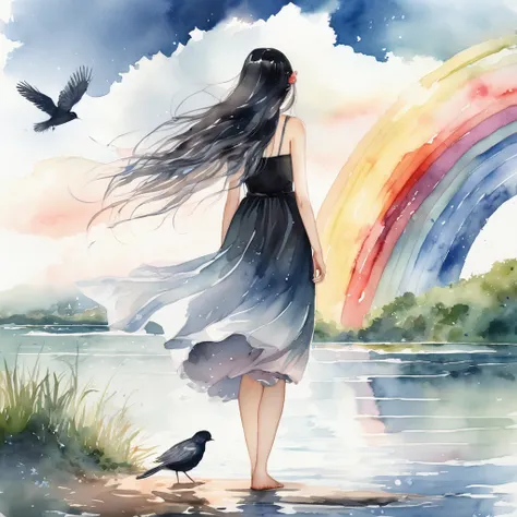 masterpiece, best quality, absurdres, illustration, watercolor, 1girl, solo, long hair, black hair, dress, skirt hold, wading, sleeveless, barefoot, bare shoulders, standing, from behind, outdoors, cloud, sky, bird, water, rainbow,