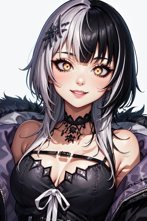 masterpiece, best quality, absurdres, perfect anatomy, 1girl, solo, ShioriNovella, split-color hair, hair ornament, choker, black dress with white ribbon, black jacket, off shoulder, belt, upper body, portrait, smile, bright eyes, crazy eyes, make-up, <lor...