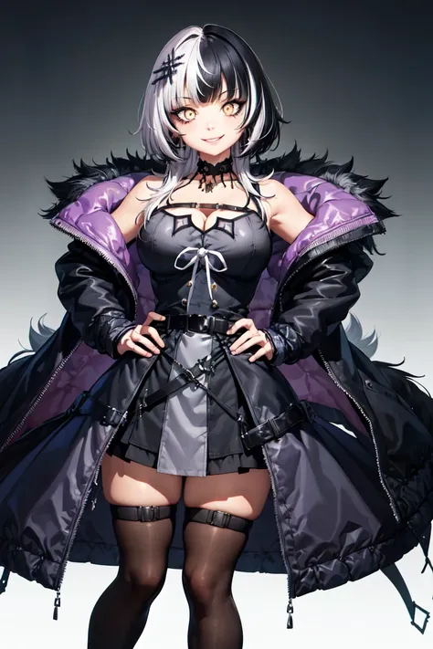 masterpiece, best quality, absurdres, perfect anatomy, 1girl, solo, ShioriNovella, split-color hair, hair ornament, choker, black dress with white ribbon, black jacket, off shoulder, belt, asymmetrical legwear, smile, bright eyes, crazy eyes, make-up, stan...