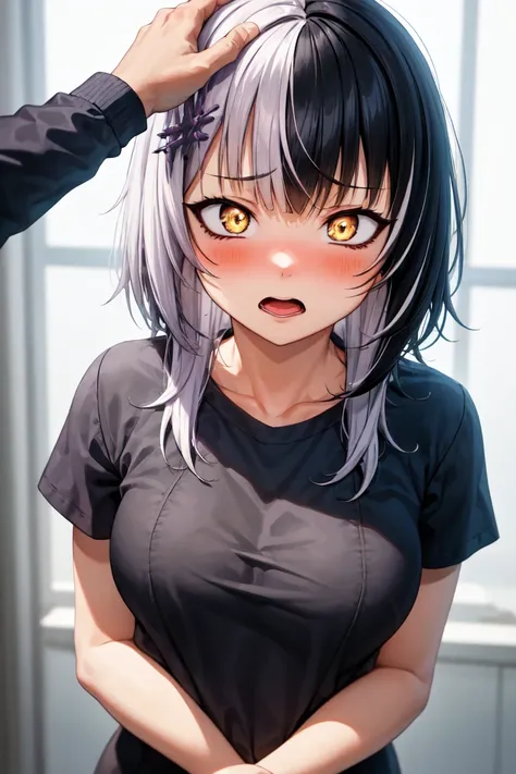 masterpiece, best quality, absurdres, perfect anatomy, 1girl, solo, ShioriNovella, split-color hair, hair ornament, t-shirt, blush, open mouth, embarrassed, HeadpatPOV, <lora:HeadpatPOV:1>, <lora:CHAR-ShioriNovella_v1.0:1>