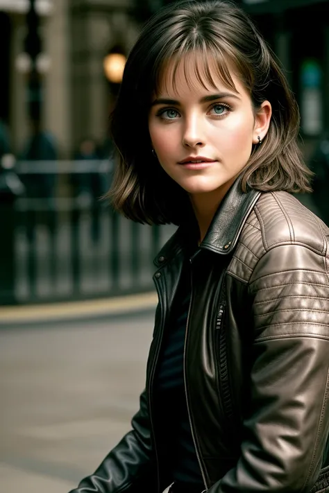 beautiful woman (c0urt400:.99), beautiful short hair, ((closeup portrait)), ((face focus)), (((London))), natural skin texture, ((leather jacket, white long sleeve top, and straight-leg pants :1.2)), 24mm, 4k textures, soft cinematic light, adobe lightroom...