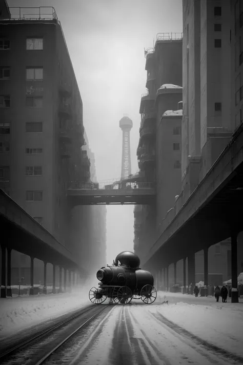 barnum-silver industrial busy city city (monumental steam powered metal devices:1.1), design concept vintage scifi, rusty, weary, spider, dirt, product photo,retrofuturism, (winter clothing:1.3) <lora:Cloudify:.15> steamroller in the background