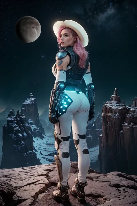 Masterpiece, bldrnrst, analog style, (cinematic lighting:1.1), rear angle, [closeup] photo of a (effortlessly beautiful female space outlaw with neon hair), looking back at viewer, detailed facial features, perfect face, ((cowboy hat)), teasing pose, (wear...