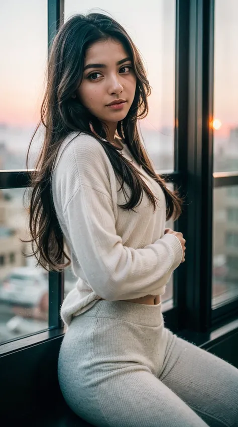 (close-up:1.2) photography of (Saudi Arabian  girl:1.3), (30 years old:1.2), long creamy hair, (looking at viewer:1.2), posing, at night,dusk,foggy,sunset}, wearing (pastel sexy cashmere:1.2), horny, wearing yoga pants, flat lighting, (soft saturation:1.2)...