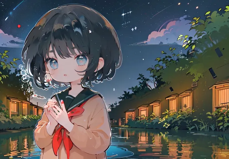 azhiichigo style,big eyes,thick lines,cute,far,1girl,solo,skirt,school uniform,black hair,outdoors,standing on the water,short hair,lake,night,upper body,