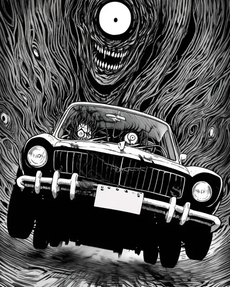 demon driving racecar,junji ito style,horror,manga, <lora:XL_itoStyleLycoris:1.0>