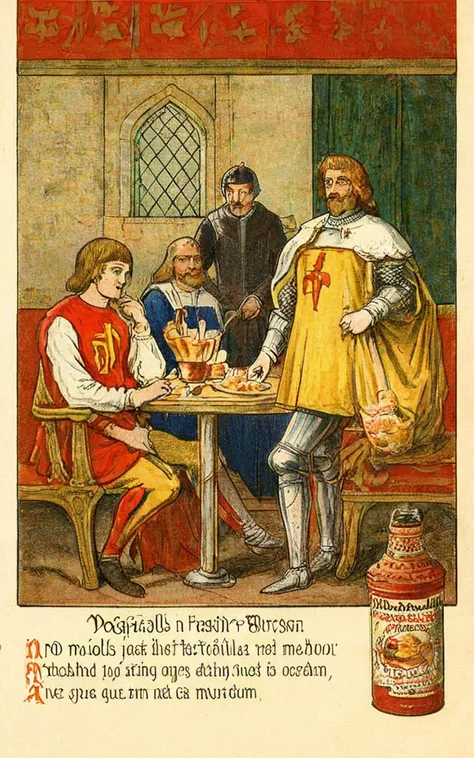 vintageillustration, a mcdonalds fastfood branch in medieval setting, nobles are eating burgers, 8k, very detailed, UHD, extreme details, medieval, burgers, fast food, mcdonalds