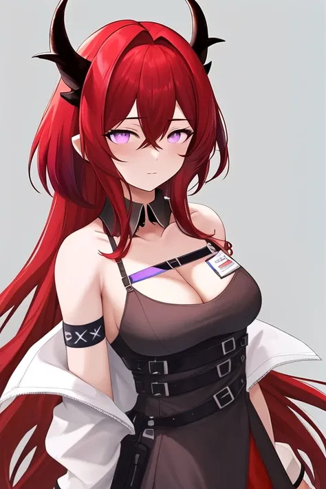 masterpiece, best quality, highres, solo, {surtr_arknights:1.10}, red_hair, horns, long_hair, purple_eyes, bangs, breasts, very_long_hair, hair_between_eyes, cleavage, demon_horns, medium_breasts, large_breasts, 1girl, bare_shoulders, black_dress, chest_st...