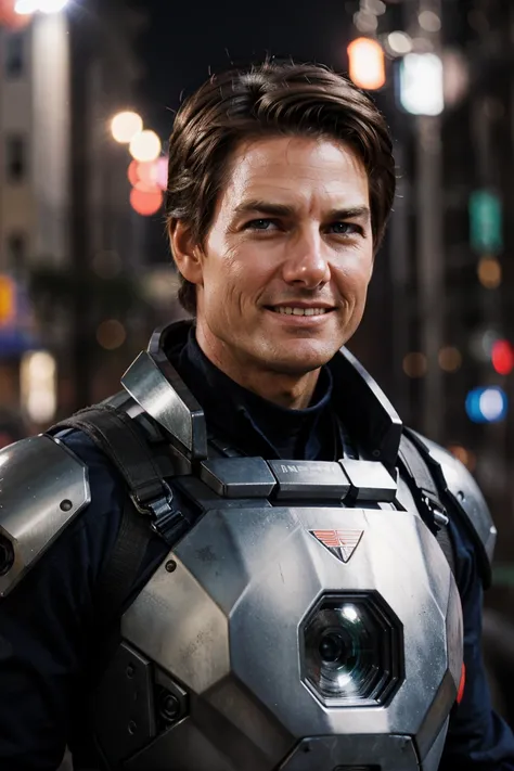 (dynamic pose:1.2),(dynamic camera),close-up an handsome Tom Cruise ,perfect eyes , (in a worn mecha exosuit),(bokeh:1.2), intricate, (steel metal [rust]), elegant, sharp focus, soft lighting, vibrant colors, ((streets)), detailed face, <lora:LowRA:0.15>, ...