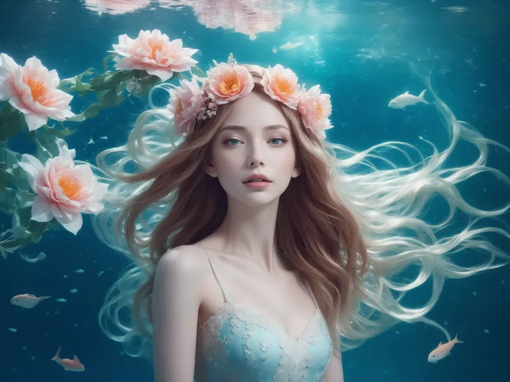 ((a dream portrait of magical girl under water with flowers around her head and her hair in the water)),
((floating hair)),(flying hair),(detail skin textures:2),(photorealistic:2)
( dreamy and ethereal, expressive pose),( long dress) ,
<lora:PrgXL_V1:0....