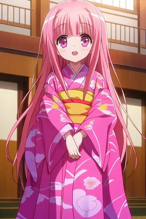 masterpiece, best quality, absurdres, ultra-detailed, indoors, <lyco:ro_kyu_bu_v6-000080:0.6>, hakamada hinata, smile, :o, very long hair, pink kimono