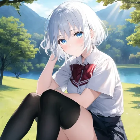 <lora:siesta_v1.1:1>, original, (masterpiece), (illustration), (extremely fine and beautiful), perfect detailed, (beautiful and clear background:1.25), (depth of field:0.7), 1girl, solo, disheveled hair, short hair, white hair, beautiful and detailed blue ...