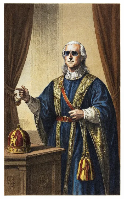 vintageillustration, portrait of joe biden as cruel medieval emperor, 1300CE, wearing sunglasses, 8k, very detailed, UHD, extreme details, medieval, eyewear, joe biden