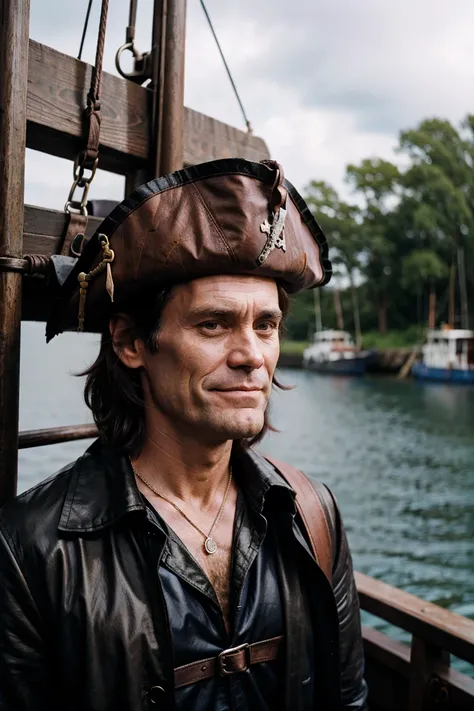 close-up Jim Carrey in pirate costume on ship with dark clouds, looking handsome, raining, <lora:LowRA:0.15>, RAW photo, full sharp, wallpapper 8k uhd, dslr, soft lighting, high quality, film grain, Fujifilm XT3