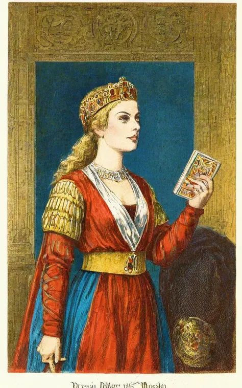vintageillustration, margot robbie at royal palace next to an mighty emperor, circa 1400 CE , 8k, very detailed, UHD, extreme details, medieval, margot robbie, beautiful, pretty