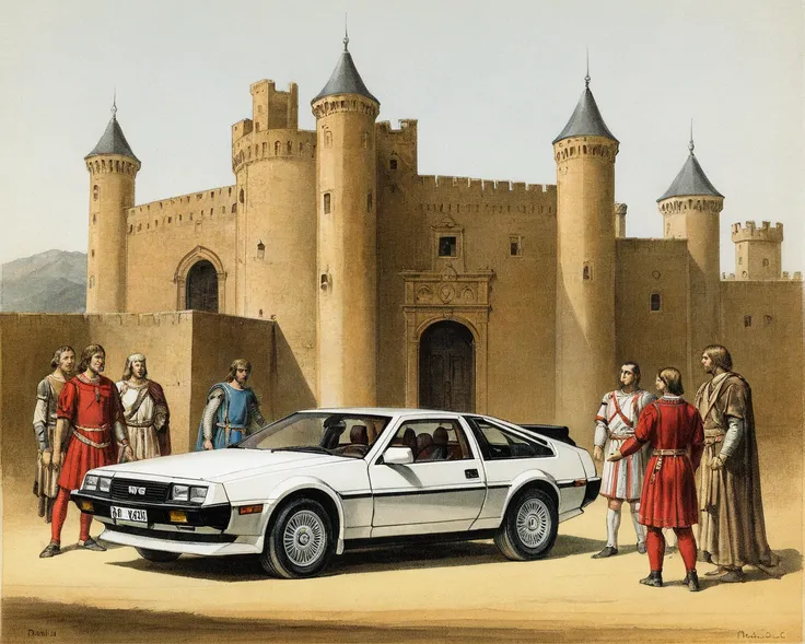 vintageillustration, painting of a DMC DeLorean next to a castle, 1200BC, 8k, very detailed, UHD, extreme details, medieval, DMC DeLorean