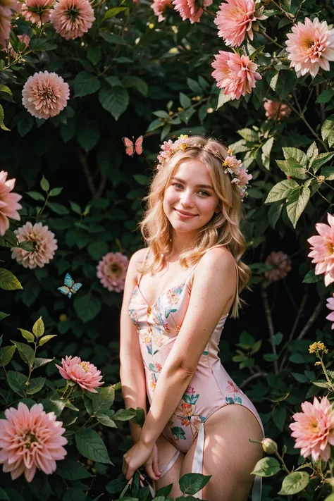 ohwx blonde girl smiling, (from above:1.2), ,lying on flowers, looking down, leotard ,(flowers, leaves, petals:1.2), soft skin, (flying butterflies:1.2), flower crown, long messy hair, film grain, depth of field, analog film style, editorial photo, wide hi...