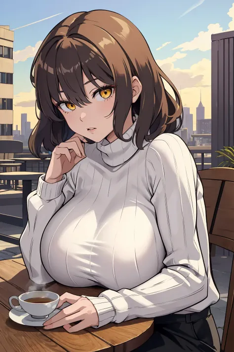 masterpiece, best quality, 1girl, solo, <lora:anis-nikke-richy-v2:1> anisrnd, yellow eyes, casual, turtleneck sweater, huge brea...