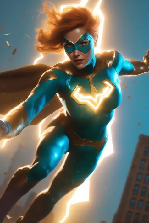 zdyna_pose, dutch angle, from below, female superhero in a zdyna_pose casting lightning from her outstretched arms with a tall city in the background in a low camera angle actions scene, foreground objects dust and volumetric lighting, bright cinematic lig...