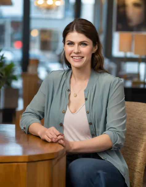 professional close-up portrait photography of the face of a beautiful ((ohwx woman)) <lora:daddario_lora_sdxl_v1-000008:1> at furniture / home store during Sunset, Nikon Z9