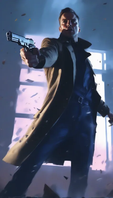 zdyna_pose, dutch angle, from below, foreshortening, man in trenchcoat standing above viewer in a zdyna_pose pointing a pistol at viewer in a low camera angle actions scene, foreground objects dust and volumetric lighting, bright cinematic lighting