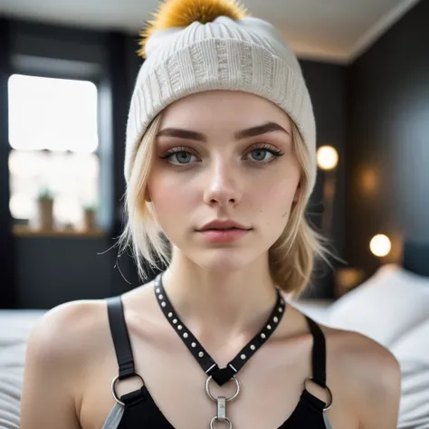 Thorough, analog style, eye focus, highest quality, (highly detailed skin), photo of a exquisitely beautiful pale skin punk Dutch girl, 21yo, (wearing harness, and beanie), perfect face, alluring eyes, [seductive makeup], skin pores, (piercing:0.5), indoor...