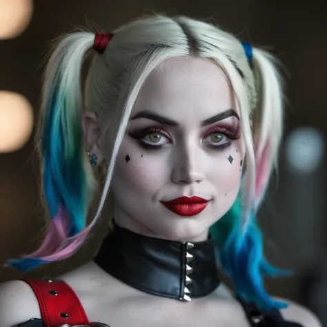 portrait photo of an actress dressed as harley quinn, nikon z9, realistic matte skin, skin texture visible, (sharp focus), (high...