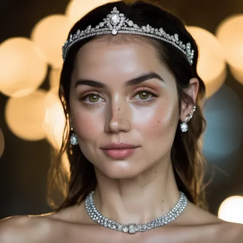 Portrait photo of an with wet-looking lips wearing a necklace and a delicate tiara, Nikon Z9, realistic matte skin, skin texture visible, (sharp focus), (high quality)