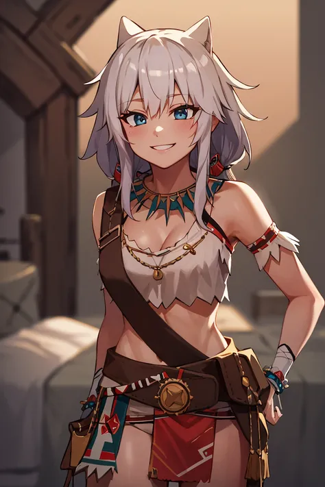 ((masterpiece,best quality)), absurdres,
<lora:Savage_Design:0.7>, Savage_Design, 1girl, tribal, 
solo, smiling, looking at viewer, cowboy shot, 
cinematic composition, dynamic pose,